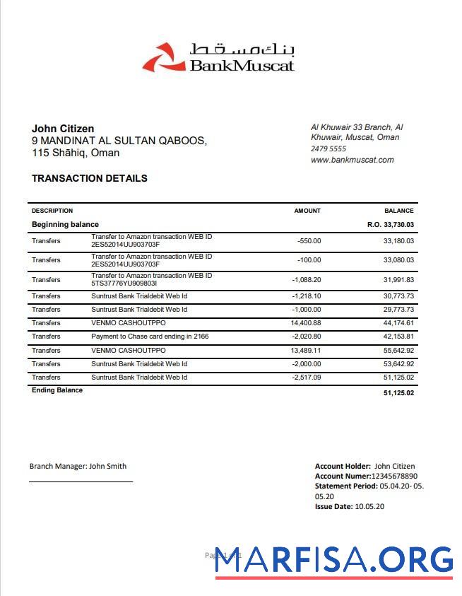 Downloadable Oman Bank Muscat proof of address bank statement word download for verification